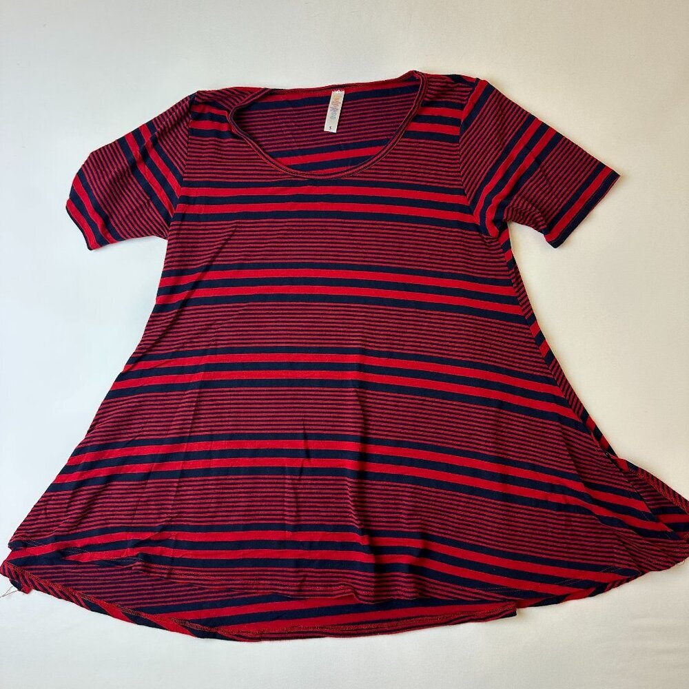 LuLaRoe Dress Womens Small Red Navy Striped Short Sleeve Swing T Shirt Trapeze
